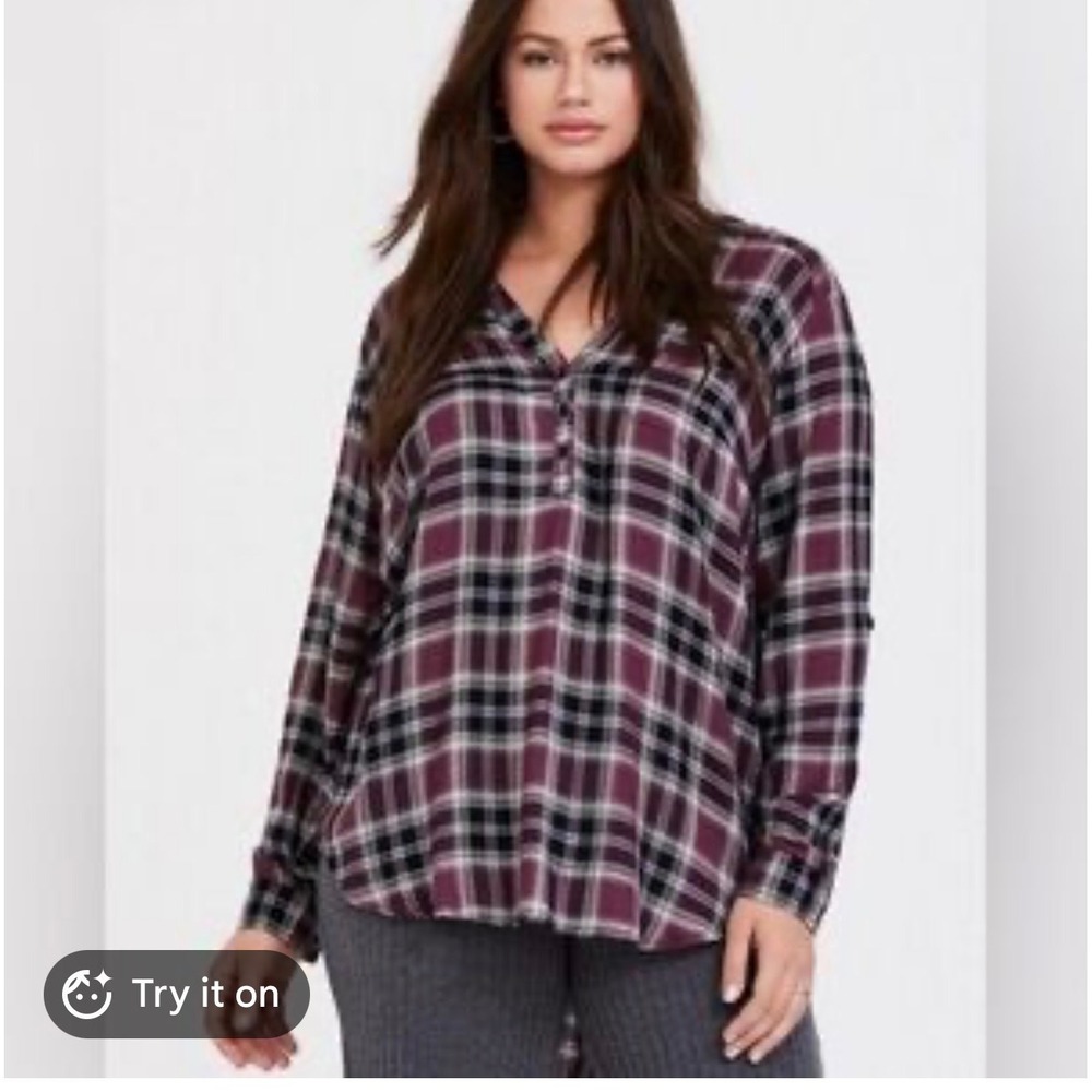 Torrid Size 4X V Neck 1/4 Button Plaid Henley Tunic Top Cabin Core Grandpacore